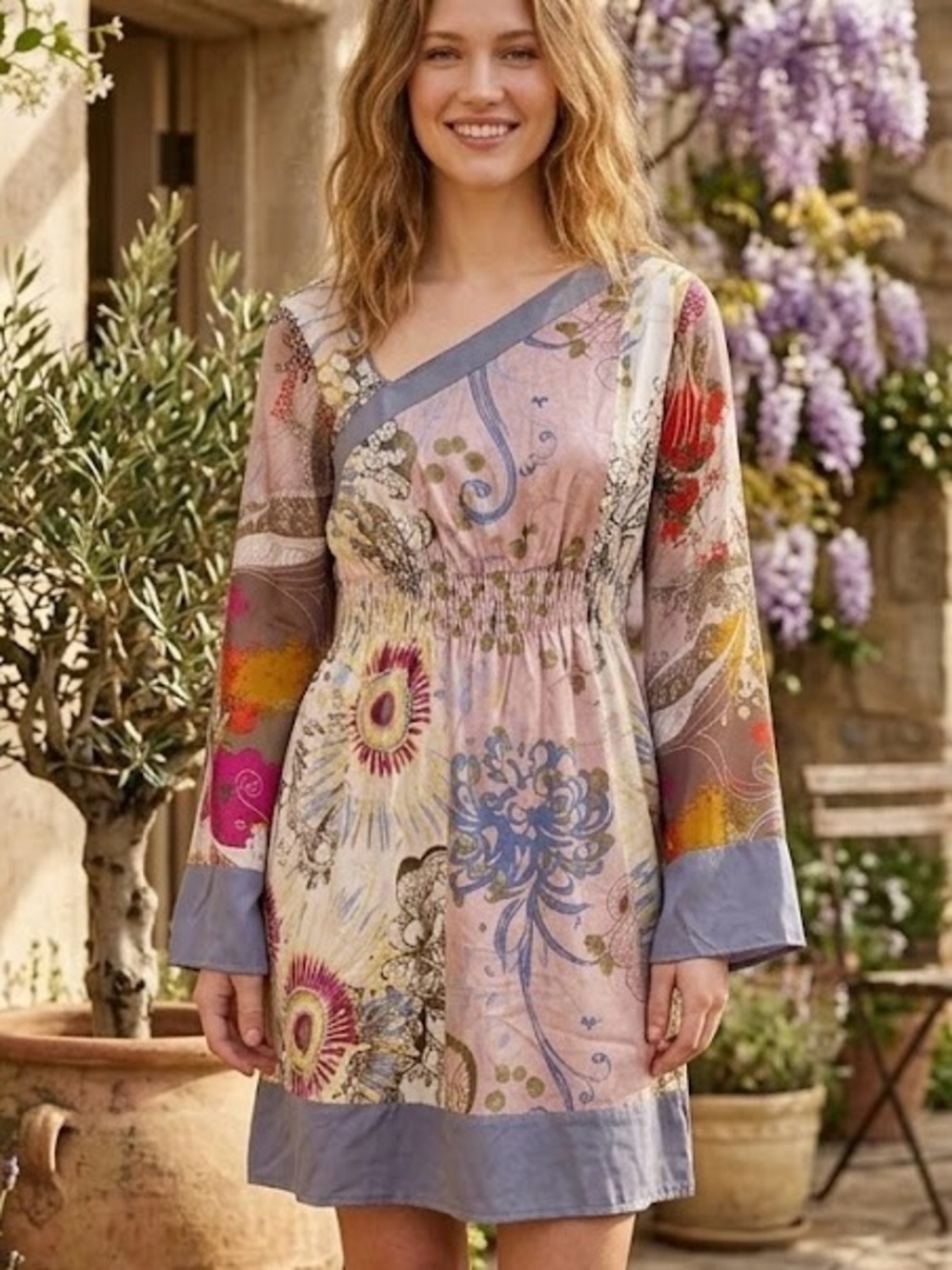 St. Martins 100% Silk & Cotton Patchwork Boho Dress Artsy Bell Sleeve Hippie